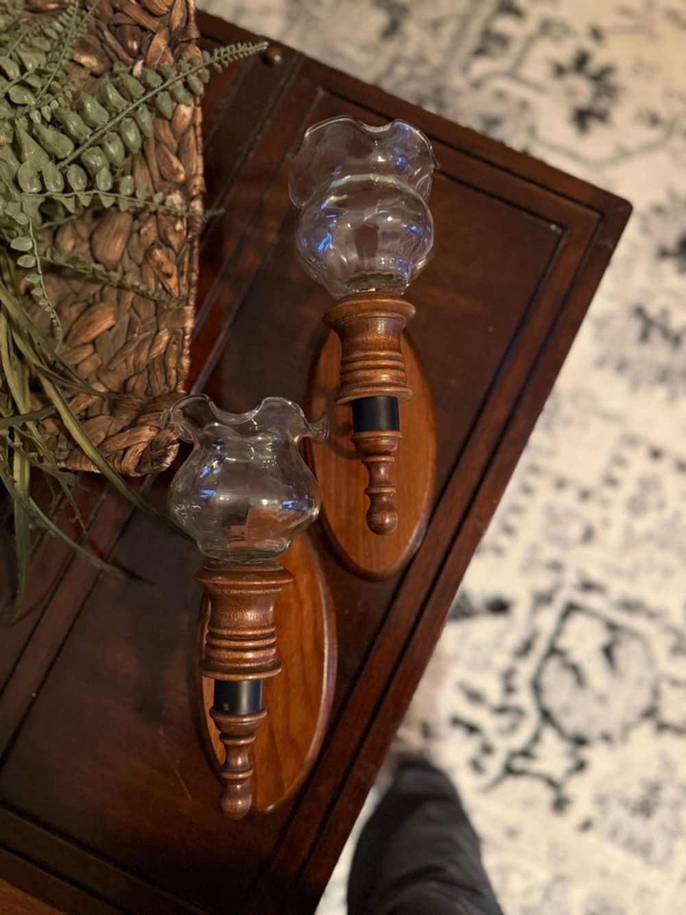 Vintage Wooden Candle Wall Sconces Pair With Glass Votives